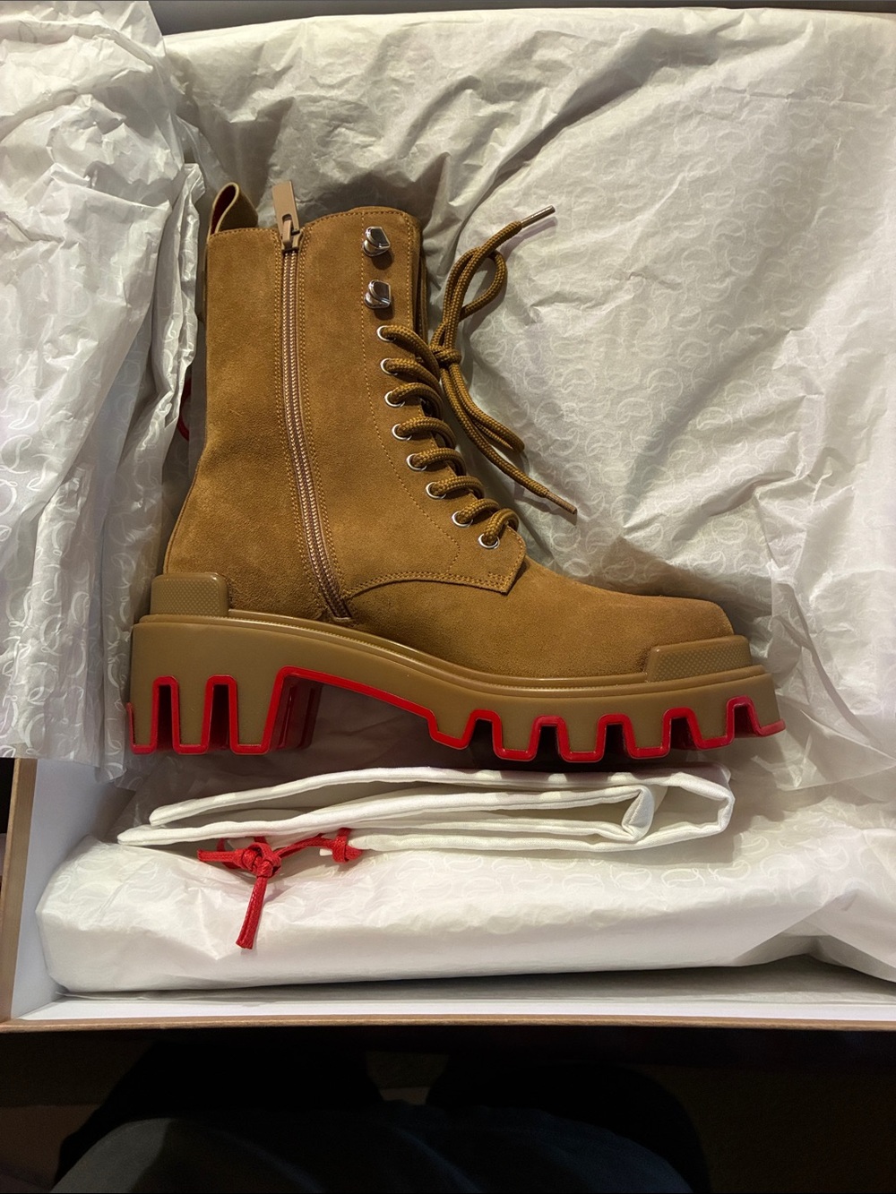 Christian Louboutin Tan Suede Lace-Up Lug Boots with Red Sole Accent